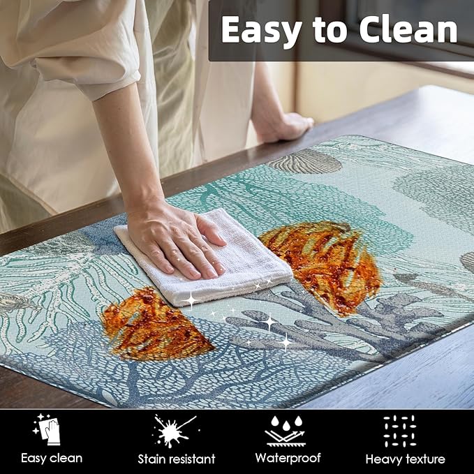 Arttown Blue Sea Shell Anti-Fatigue Kitchen Rug Set of 2 Fish Ocean Tropical Coral Vintage Cushioned Floor Standing Mat Waterproof Non-Slip Kitchen Mat and PVC Ergonomic Comfort Foam Rug