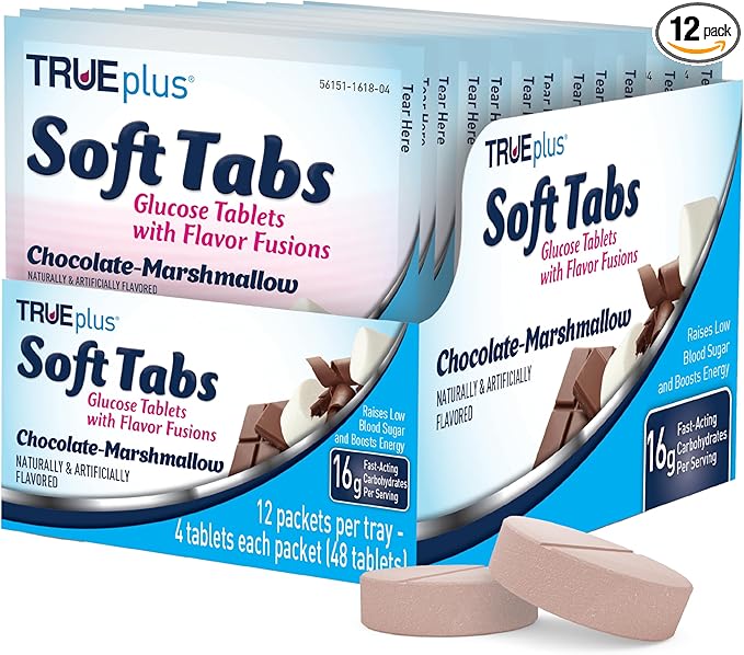 TRUEplus Soft Tabs Glucose Tablets, Chewable, Chocolate Marshmallow Flavor, 16g Fast-Acting Carbohydrates, Fat Free, Gluten Free, Raise Low Blood Sugar and Boost Energy, 4 Count, 12 Packs