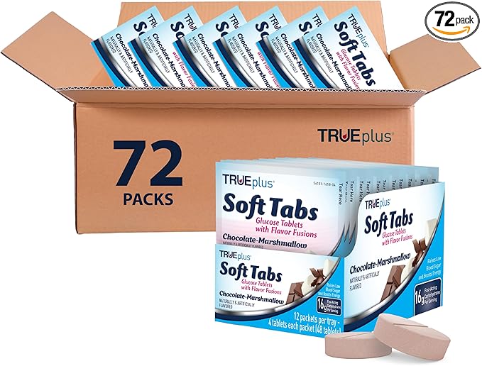 TRUEplus Soft Tabs Glucose Tablets, Chewable, Chocolate Marshmallow Flavor, 16g Fast-Acting Carbohydrates, Fat Free, Gluten Free, Raise Low Blood Sugar and Boost Energy, 4 Count, 72 Packs