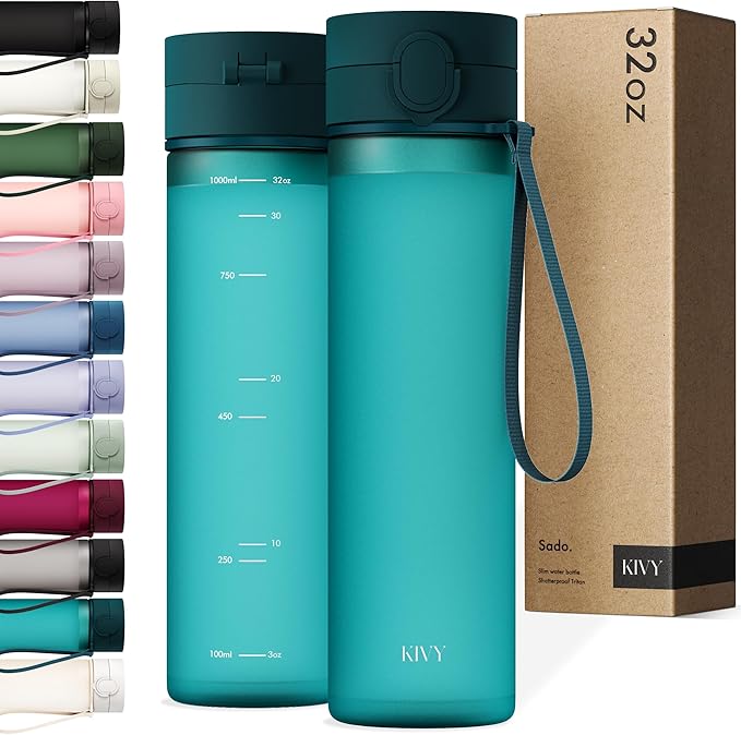 KIVY Tritan Water Bottle 32oz [WITH FLIP LID] - Reusable & Slim Waterbottle for Travel, Gym & School - For Women & Men - Dishwasher Safe - Skinny Leak Proof & Lightweight Bottle - BPA Free