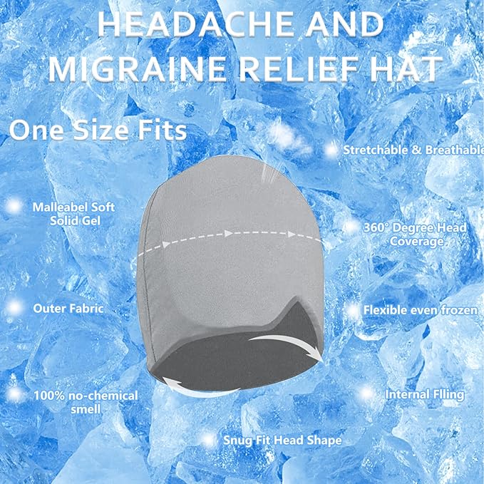 Gel Head Wrap, Migraine & Headache Relief Cap, Grey, Compact, Stretchable, Cold-Packs, Head Compress
