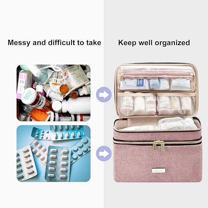 Medicine Storage Bag Pill Bottle Organizer with Portable Small Pouch Travel Medication Bottle Organizer for Emergency Home First Aid Box Kit (Pink)