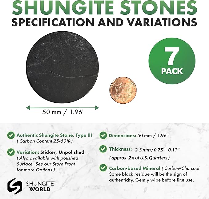 7 pcs Authentic Shungite Stickers Unpolished 50 mm / 1.96" Genuine Healing Energy Stone Protection Plate for Cell Phone Case Tablet Laptop Computer Noble Gemstone Protector Crystal