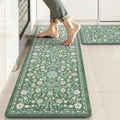 KIMODE Comfort Kitchen Mats for Floor Cushioned Anti Fatigue,Farmhouse Floral Spring Kitchen Rugs Sets of 2 Non Slip,Memory Foam Standing Carpet for Laundry Sink Office,Green