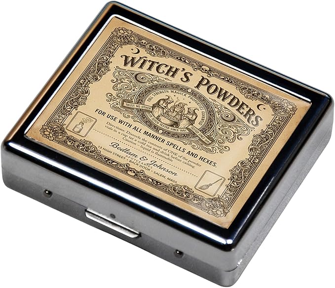 Silver Vintage Pill Box 7 Day Metal Pill Box with Mirror and 8 Compartments Cute Travel Pill Organizer for Purse (Witch)