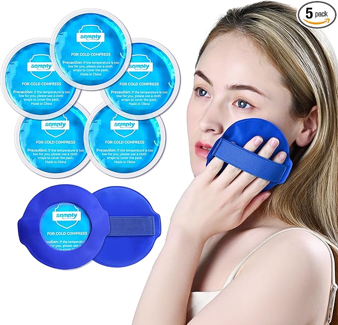 samply Small Gel Ice Packs for Boo Boos, Cold Packs for Injuries Reusable Pain Relief, Headaches and Toothaches,Eyes, Face, 5 Pack Mini Round Ice Packs with 2 Covers for Cold Compress