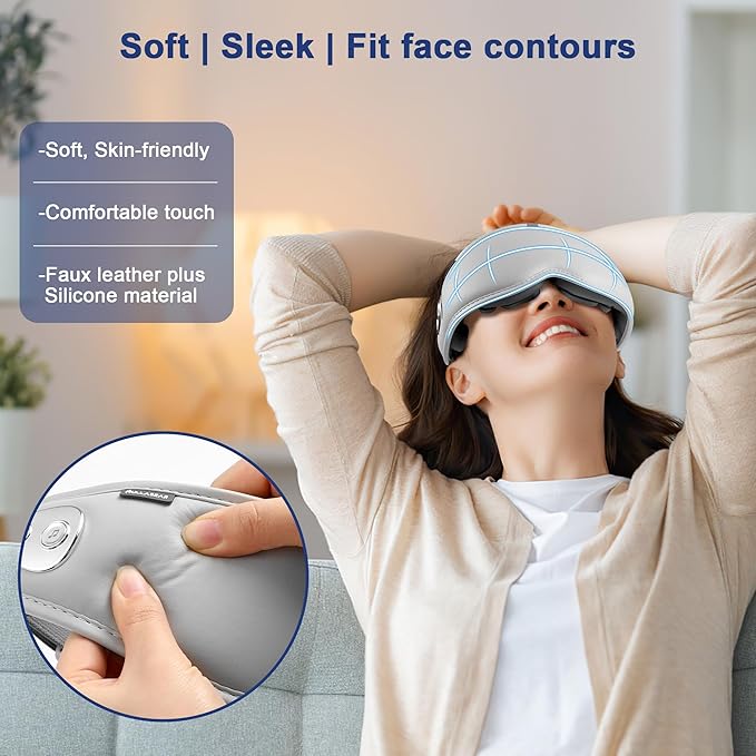 Eye Massager with Heat, 5 Massage Modes, Bluetooth Music, Soft Lightweight Foldable & Portable, IP65 Waterproof Sleep Mask, Gifts for Eye Care Strain Relief and Relaxation