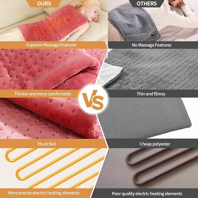 Massaging Weighted Heating Pad - Electric Heating Pad for Back Pain Relief with Massager, 3 Heat, 6 Massage, Auto Off, Extra Large Vibrating Heat Pad for Shoulder Neck (Grapefruit Red, 12"×24")