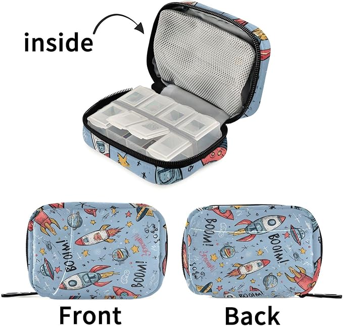 Light Blue Doodle Boom Space Rockets Stars Travel Pill Organizer Case Box Container Weekly Portable Vitamin Medicine Holder Storage Bag with Zipper Removable