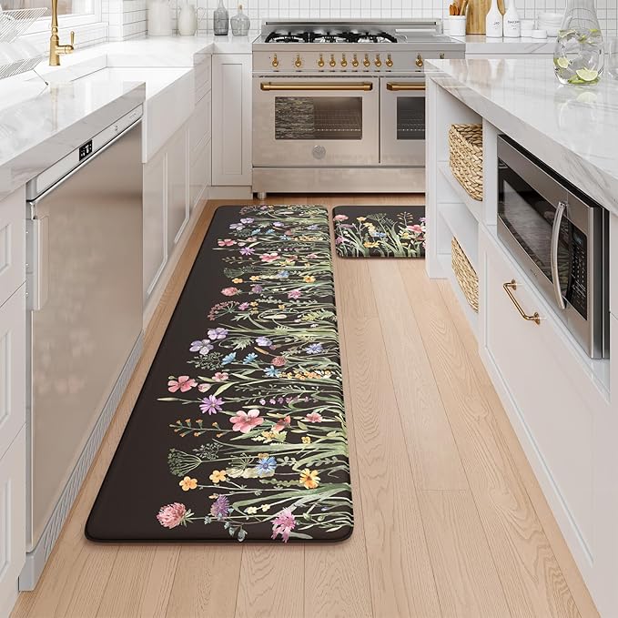 KIMODE Kitchen Mats Cushioned Anti Fatigue, Black Farmhouse Kitchen Rugs Sets of 2, Padded Kitchen Floor Mats, Non Slip Standing Mat for Sink, Laundry, Office, Desk 17"x59"+17"x29"