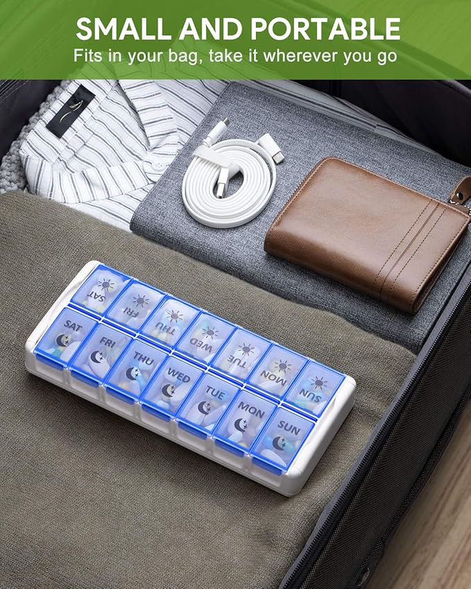 Weekly Pill Organizer 7 Day 2 Times a Day Extra Large, Quick Fill 2020 Fullicon AM PM XL Daily Pill Cases Pill Box with Detachable Base - White/Blue (Patent Registered)