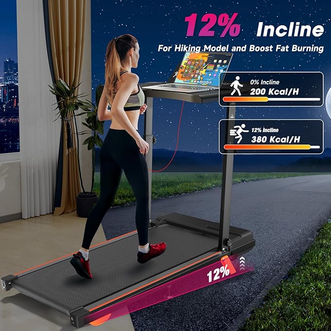 Walking Pad Treadmill with Handle Bar, Removable Desk Workstation, Incline Treadmills for Home Office with Desktop, APP, 300+ lb Capacity