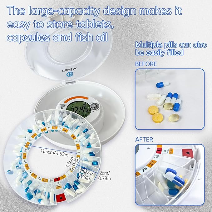 Automatic Pill Dispenser for Elderly with Alarm - WiFi App Monitoring - 28 Day Medication Organizer for Care Monitoring with Lock Key, Light/Sound Alarms for Prescriptions & Vitamins