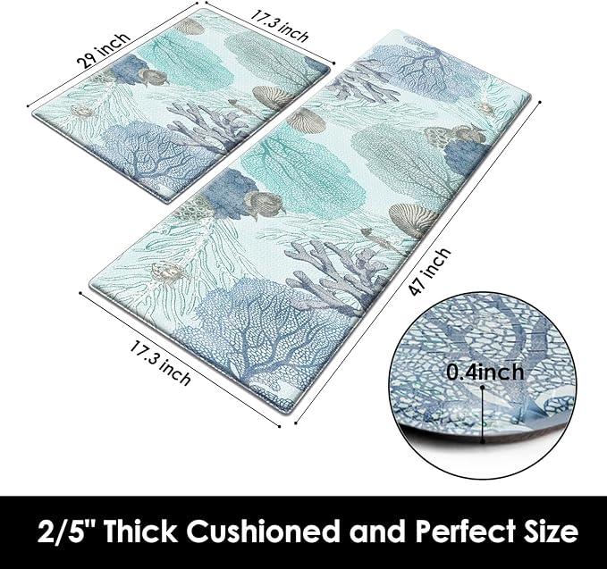 Arttown Blue Sea Shell Anti-Fatigue Kitchen Rug Set of 2 Fish Ocean Tropical Coral Vintage Cushioned Floor Standing Mat Waterproof Non-Slip Kitchen Mat and PVC Ergonomic Comfort Foam Rug