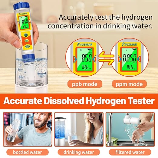 Hydrogen Water Tester pH Meter 6 in 1 pH H2 ORP TDS EC Temp Tester Dissolved Hydrogen Tester for Hydrogen Water Bottle pH and ORP Meter for Household Drinking Water Hydroponics Pool
