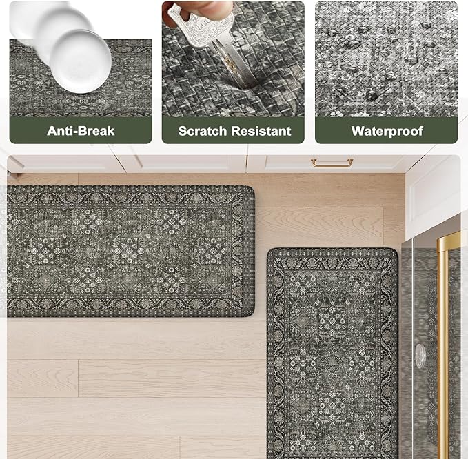 KIMODE Anti Fatigue Kitchen Mat, Cushioned Farmhouse Kitchen Runner, Non Slip Waterproof Kitchen Mat for Floor, Comfort Foam Standing Desk Mat for Laundry, Office, Sink Green/Grey 17.3"x59"