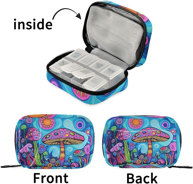 Fustylead 60s Hippie Aesthetic Colorful Art Mushroom Travel Pill Organizer Case Zipper for Purse with Removable Weekly Pill Box for Medicine, Vitamin, Supplement Medicine Organizer