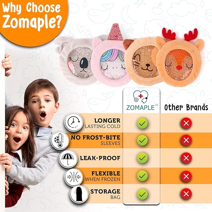 ZOMAPLE Boo Boo Ice Packs for Kids, 4 Pack, Girls Set A – Calm Tears Fast with Hot & Cold Relief – Leakproof, Flexible When Frozen, BPA & PVC Free Gel – Kids Ice Packs for Boo Boos in Animal Designs