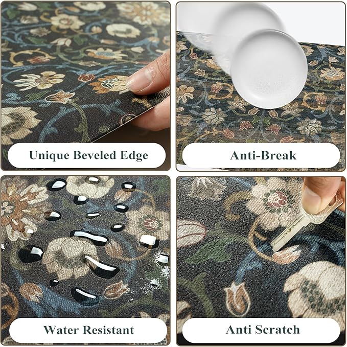 KIMODE Anti Fatigue Kitchen Mats for Floor Non Slip,Boho Kitchen Sink Rug Waterproof,Comfort Cushioned Padded Kitchen Floor Mats for Bathroom Sink Office Home Decor,Dark Green/Blue 17.3"x28"