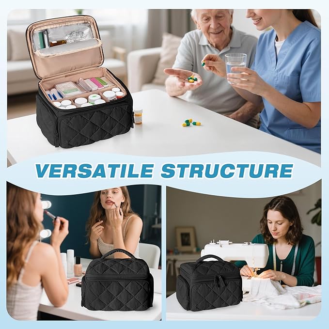 Medicine Organizer Bag with Insulated Pocket for Travel, Pill Bottle Storage Case with 4 Customized Dividers for Medication, Insulin and First Aid Supplies, Black (BAG ONLY)
