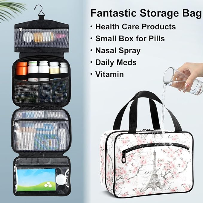 Fustylead Eiffel Tower Floral Pink and White Travel Medicine Storage Bag Large Household Pill Bottle Organizer with Zipper for First Aid, Pills, Vitamins, Medical Supplies