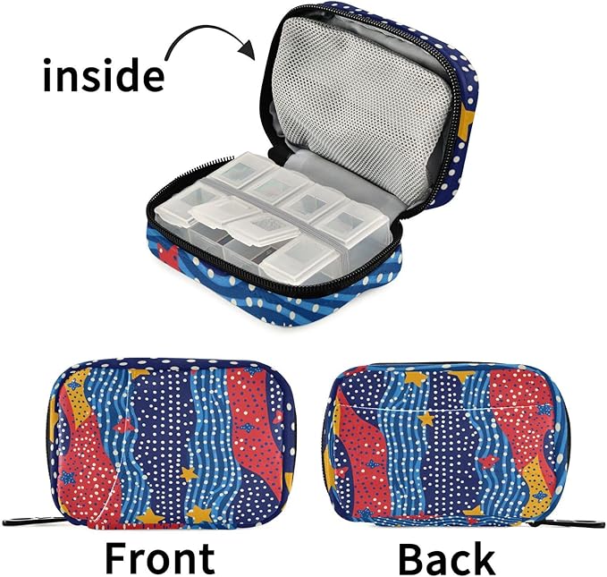 Dotted July 4th Stars Travel Pill Organizer Case Box Container Weekly Portable Vitamin Medicine Holder Storage Bag with Zipper Removable