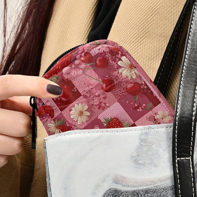 Red Checkered Floral Cherry Strawberry Travel Pill Organizer Case Box Container Weekly Portable Vitamin Medicine Holder Storage Bag with Zipper Removable