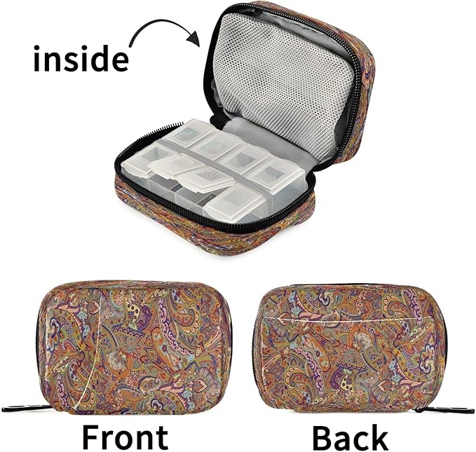 Naanle Vintage Paisley Flower Pill Box 7 Day Pill Case Travel Pill Organizer Bag with Zipper Portable Weekly Case Compact Size for Vitamin Supplement Holder