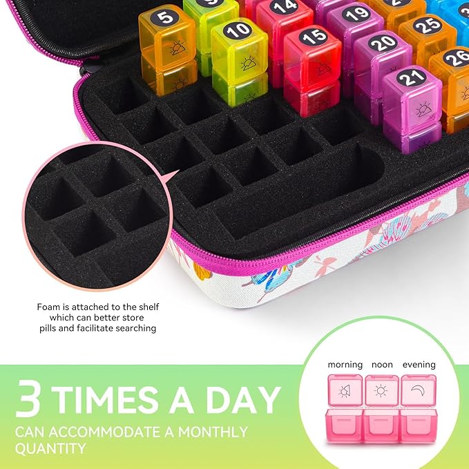 31-Day Monthly Pill Organizer with 3 Daily Compartments, Travel Medication Box with Pill Cutter, AM PM Storage Case (Butterfly 31-Day Medicine Storage Box)