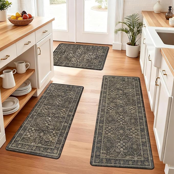 Pauwer Anti Fatigue Kitchen Floor Mats Set of 3, PVC Foam Padded Kitchen Rugs, Non Slip Cushioned Comfort Standing Mat, Waterproof Sink Rug for Small Kitchen Area, Laundry Room, Taupe