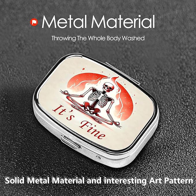 ABLESKY Pill Box, 2 Compartment Pill Organizer Case for Pocket or Purse, Small Portable Metal Travel Medicine Box with Mirror, Daily Vitamins Fish Oil Container-Skull Yoga It's Fine