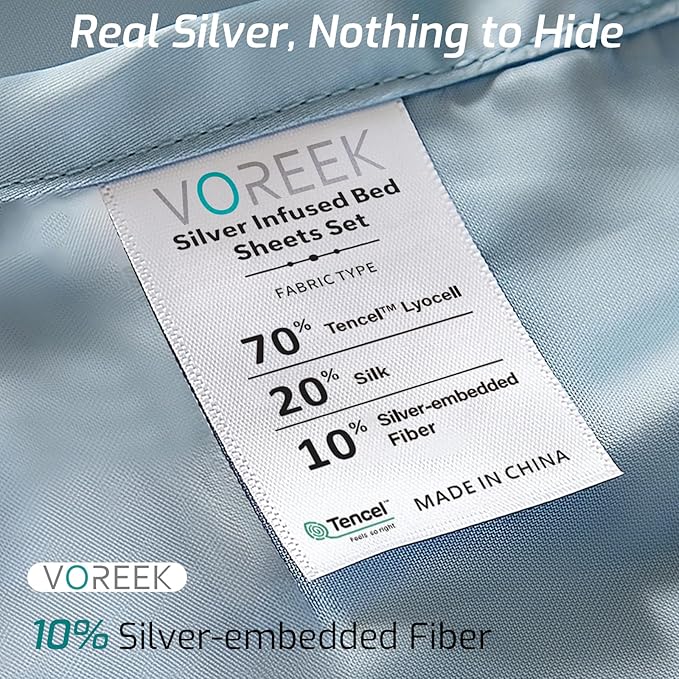 Silver Infused Bed Sheets - 20% Silk Ultra-Soft Temperature-Regulating Fabric with Self-Cleaning That Stays Fresh 3X Longer for Hygienic Sleep (Light Blue, Full)