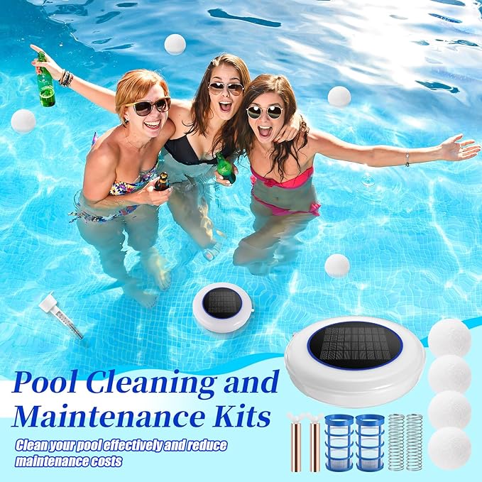 Qualirey Solar Powered Pool Ionizer with Colorful LED Lights, Floating Water Cleaner Purifier Include Large Floating Pool Thermometer, 4 Pcs Scum Eliminating Ball, Copper Anode Replacement Kit