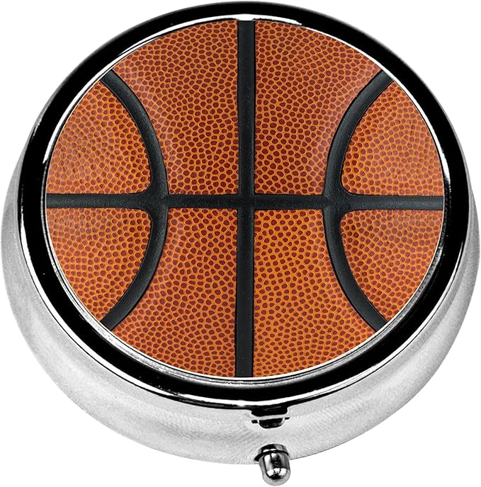 Pill Box, 3 Compartments Small Ball Sport Pill Case Travel Portable Metal Medicine Box with Mirror Mini Container for Purse Pocket Women Men(Basketball)