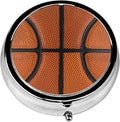 Pill Box, 3 Compartments Small Ball Sport Pill Case Travel Portable Metal Medicine Box with Mirror Mini Container for Purse Pocket Women Men(Basketball)