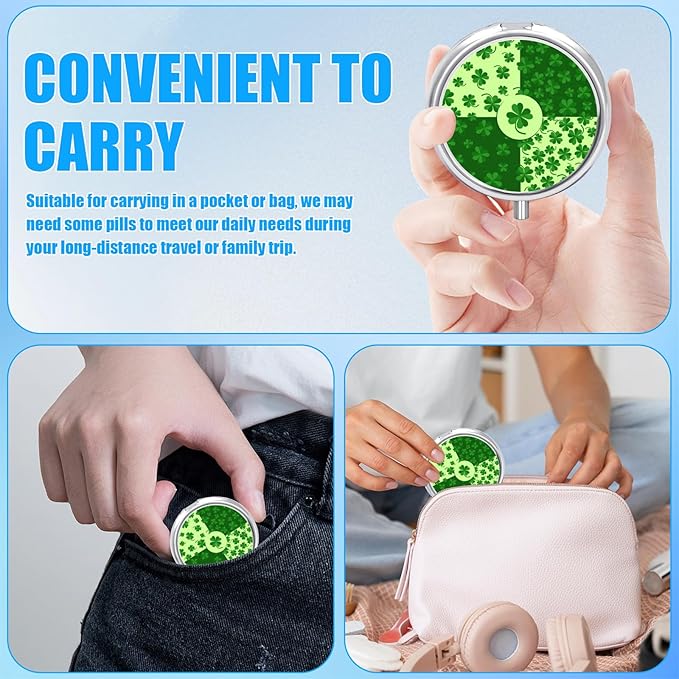 Pill Box, 3 Compartments Small St.Patrick's Day Pill Case Travel Portable Metal Medicine Box with Mirror Mini Container for Purse Pocket Women Men（Green Clover）