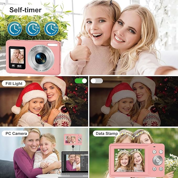 Digital Camera | with Dual Screen for Selfies | 48MP Kids Digital Camera with 18X Zoom | Autofocus 4K Vlogging Video Camera for Beginners | Anti-Shake Digital Cameras for Teens, Adults