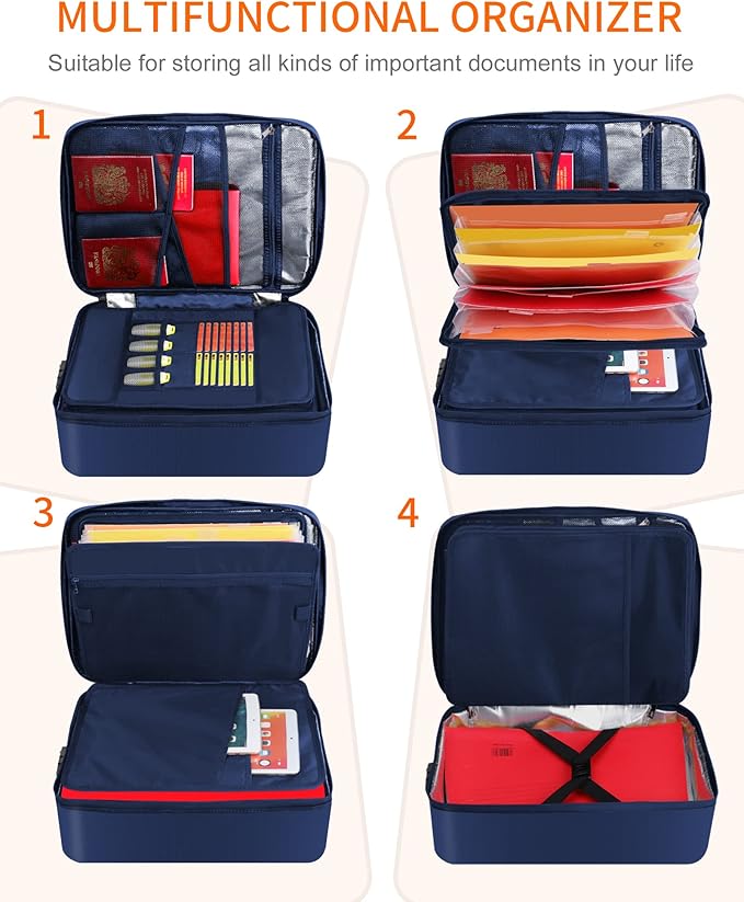 Noiposi Important Document Organizer, Waterproof and Fireproof Document Box with 7 Pockets File Folder,Portable Home Fire Safe Storage Box Case with Lock for Documents,File and Card,Blue