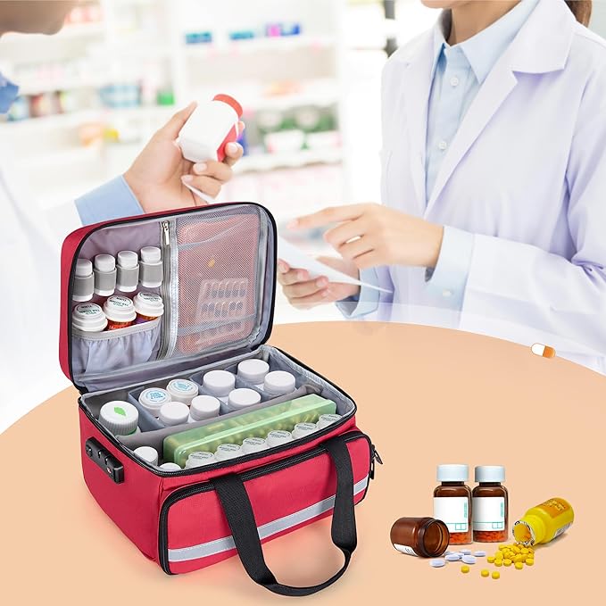 CURMIO Pill Bottle Organizer, Medicine Bag with Lock for Prescription Bottles and First Aid Kits, Red (Patented Design)