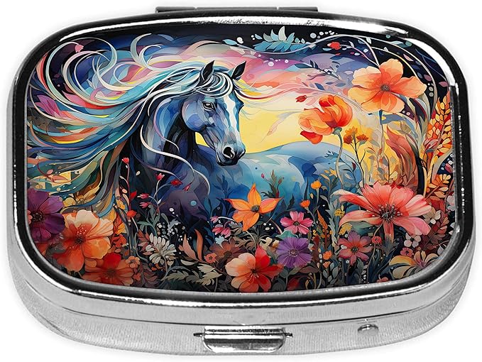 Pill Box-2 Compartment Small Pill Case Square Organizer Case with Mirror Portable Metal Medicine Box Travel Container for Pocket & Purse Women Men(Horse Flower)