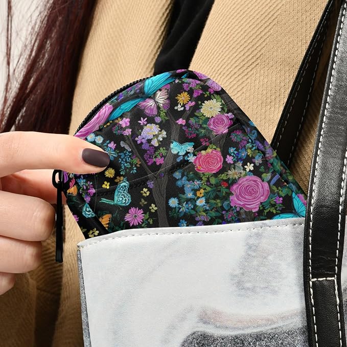 Rose Flowers Butterfly Trees Black Travel Pill Organizer Case Box Container Weekly Portable Vitamin Medicine Holder Storage Bag with Zipper Removable