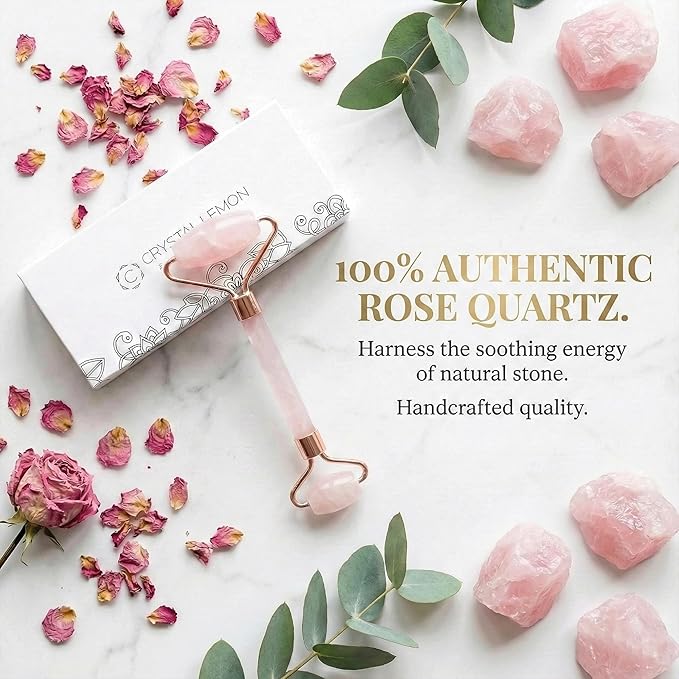 C CRYSTAL LEMON Rose Quartz Facial Roller for Face and Neck, Dual-End Natural Stone Face Roller, Cooling Massage Tool for Puffiness Appearance, Smooth Rolling Skincare Accessory