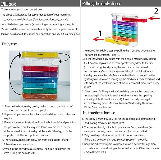 ABSOK Weekly Stackable Pill Organizer,4 Times A Day Pill Organizer Box Morning, Noon, Evening, and Bedtime,7 Stackable Compartments
