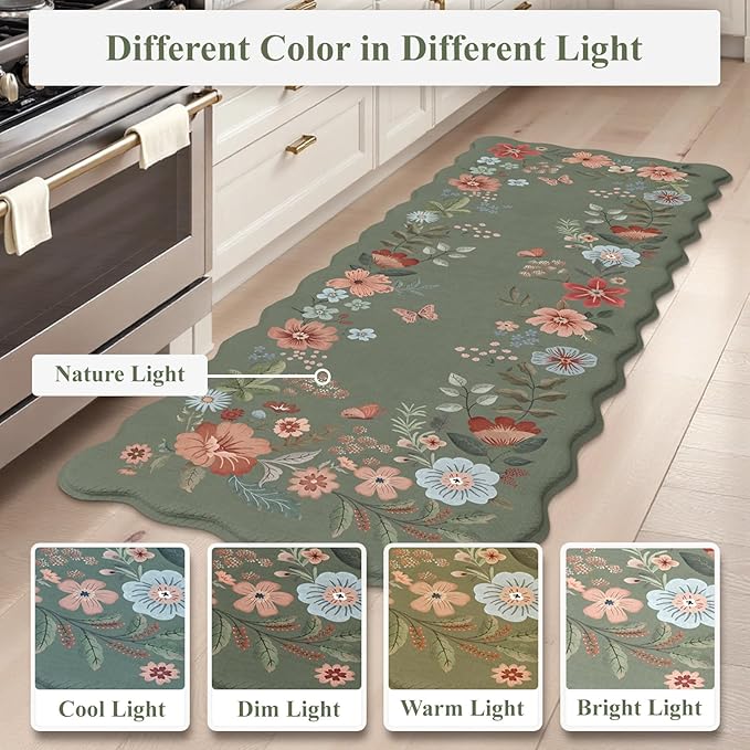 Collive Anti Fatigue Kitchen Mats, Scalloped Green Floral Kitchen Rugs Set of 2 Non Slip Waterproof Standing Mat, Memory Foam Comfort Desk Rug for Office, Sink, Laundry, 17.3"x29"+17.3"x47"
