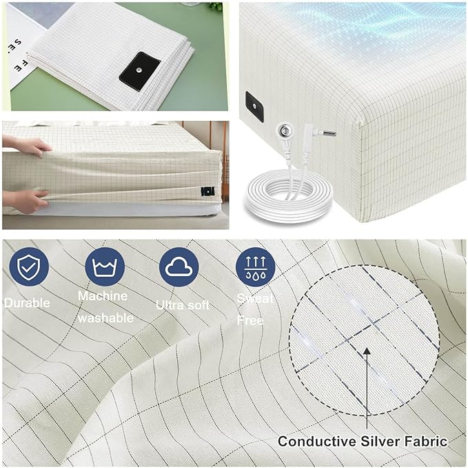 Grounding Sheets, 20% Pure Silver Fiber + 80% Organic Cotton, Grounded Sheet Earth Connected Bedding Fitted Earth Sheets with Grounding Cord
