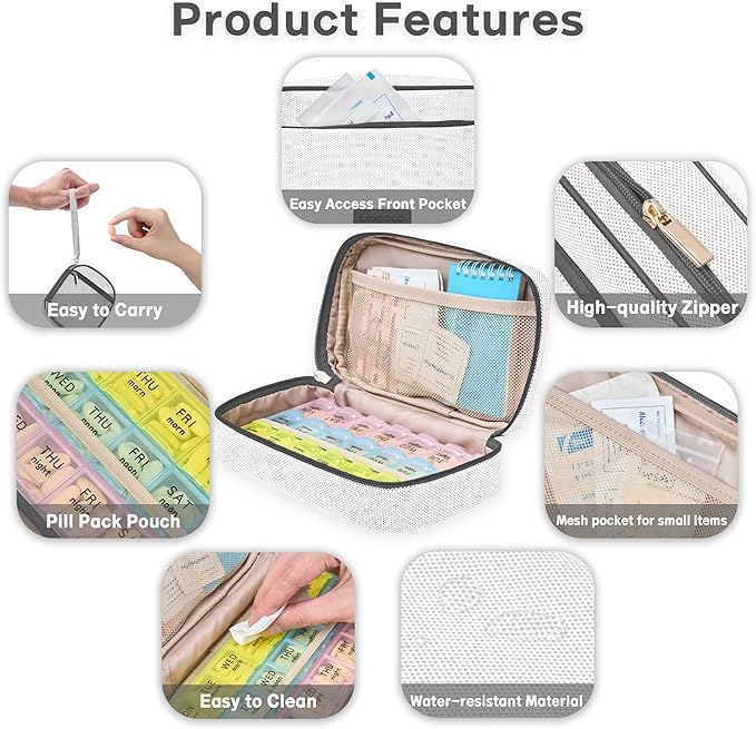 Weekly Travel Pill Organizer 2 Times A Day Pill Case for Purse with Removable AM PM 7 Day Pill Box Holder,Cute Medication Organizer Pill Container for Medicine, Vitamin, Supplement (Dark Grey, Medium)