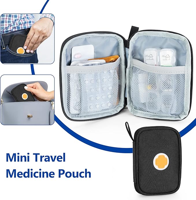 CURMIO Medicine Storage Bag Empty, Lockable Pill Bottle Organizer with Portable Zippered Pouches for First Aid Kits, Medicine Box for Home and Travel, Black (Patent Pending)