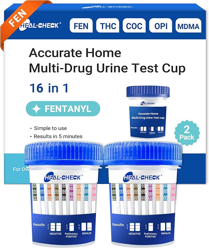 2 Pack 16 Panel Multi Drug Urine Test Kit, HEAL-CHECK Urine Drug Test Cup for Home or Workplace, Screens for Fen (Fentanyl), THC, AMP, BUP, BAR, BZO, COC, MET, MDMA, OPI, MTD, OXY, PCP, PPX, TCA, TML