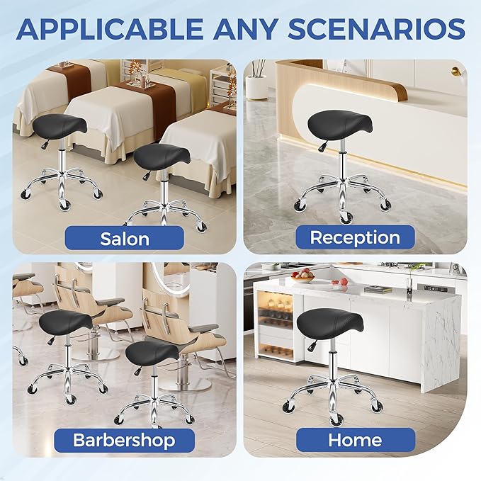 ANWBROAD Saddle Stool with Wheels Ergonomic Swivel Adjustable Rolling Stool with PU Leather Thick Wide Saddle Seat Padding Comfortable Rolling Saddle Chair for Salon Massage Clinic Black UWSS001B