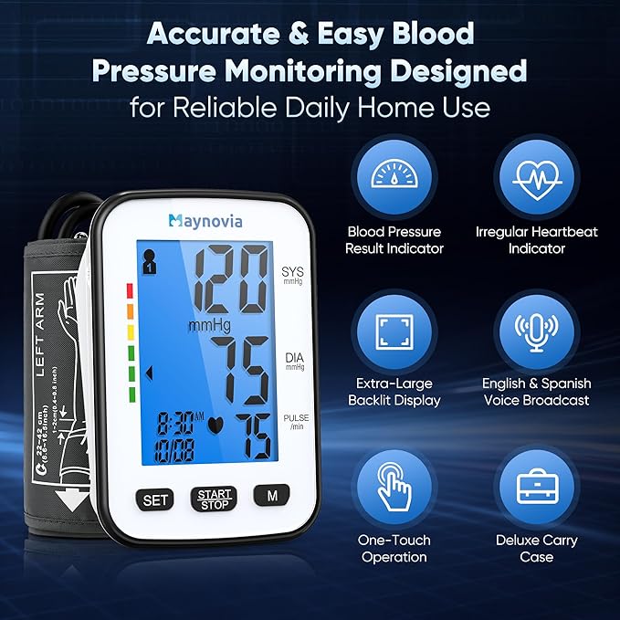 Upper Arm Blood Pressure Monitor for Home Use, Automatic Digital Blood Pressure Machine, Talking BP Monitor with English & Spanish Voice, Large Cuff 8.6”–16.5”, Backlit Display, 2-User Memory